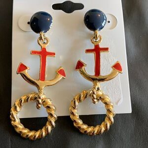 Gold Anchor‎ Earrings Navy Blue Sail Boat Vintage Costal Nautical